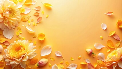 A Delicate Arrangement of Yellow and Peach Flower Petals and Leaves on a Light Orange Background