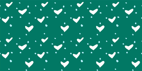 White Heart Seamless Pattern on green Background. Love romantic theme. Pattern hearts with Love for Valentine's Day. Valentines day background. Vector abstract texture with small hearts