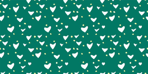 White Heart Seamless Pattern on green Background. Love romantic theme. Pattern hearts with Love for Valentine's Day. Valentines day background. Vector abstract texture with small hearts