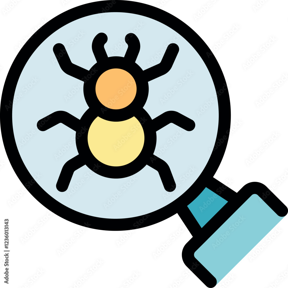 Poster magnifying glass revealing computer bug, symbolizing debugging, software testing, and quality assura