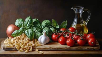 italian still life with pasta tomatoes and basil