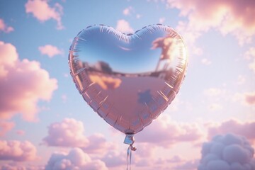 metallic heart shaped balloon floating in dreamy sky