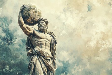 Statue of the Greek God Atlas holding the globe on his shoulders. Digital artwork. Generative AI