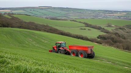 Naklejka premium Red Tractor Harvesting Crops in Rolling Green Fields