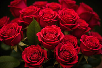 Obraz premium lush vibrant bouquet of red roses in warm light with green leaves