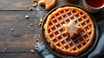 Rustic composition with Dutch stroopwafels waffles and cup of tea on wooden background: cozy dessert and space for text.