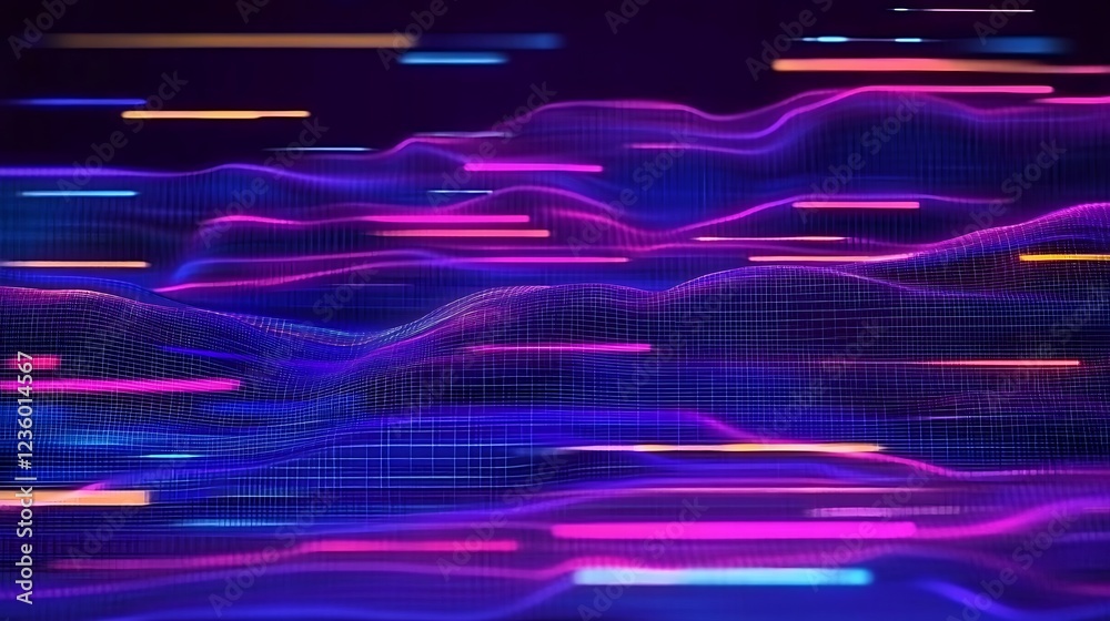 Poster Abstract digital waves, vibrant colors, dynamic motion.  Possible use Background for tech presentations, digital art