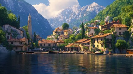 Fototapeta premium Picturesque lakeside village nestled amidst mountains with terracotta roofs and lush greenery