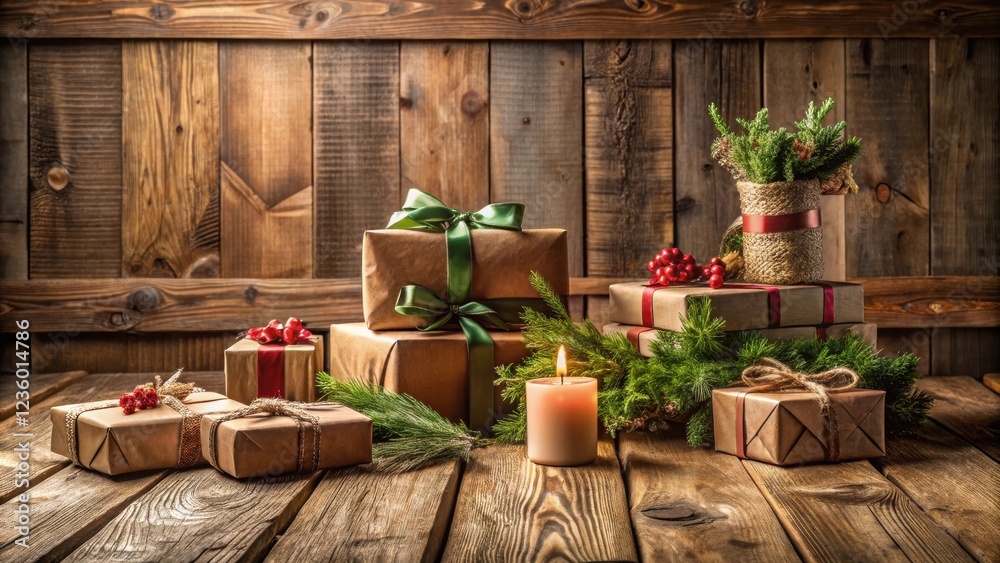Poster christmas presents wrapped in rustic brown paper with green bows and red berries, illuminated by a f