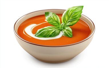 Bowl of creamy tomato soup with a swirl of cream and fresh basil leaves isolated on a white background
