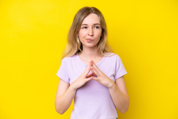 Blonde English young girl isolated on yellow background scheming something