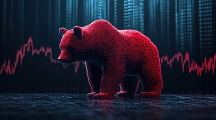 A deep red bear-shaped hologram overlaying stock market crash data.