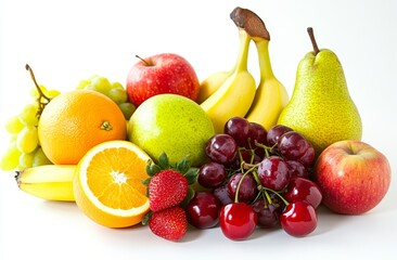 Colorful assortment of fresh fruits including apples, bananas, oranges, grapes, pears, strawberries, and cherries on a white background.