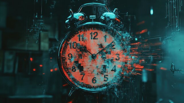 Disintegrating alarm clock, time distortion, digital decay.