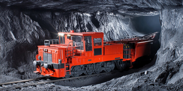 Red mining train operates in underground coal mine
