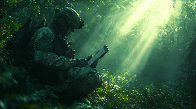 Soldier using a tablet in a lush forested area for research. - Powered by Adobe