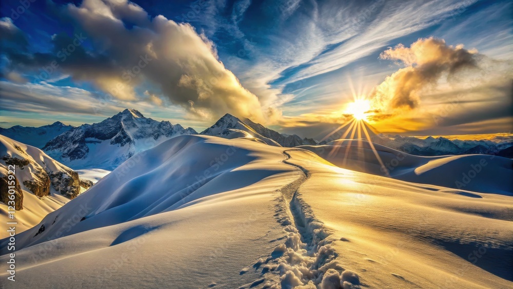 Poster a lone path winds its way across a snowy mountain ridge, bathed in the golden glow of a setting sun,