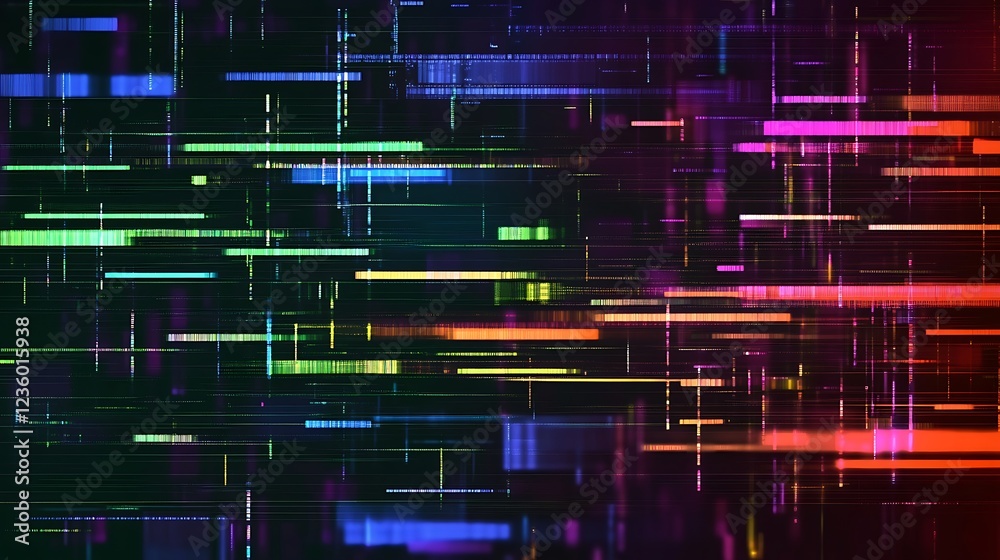 Poster abstract digital glitch art; colorful lines on dark background