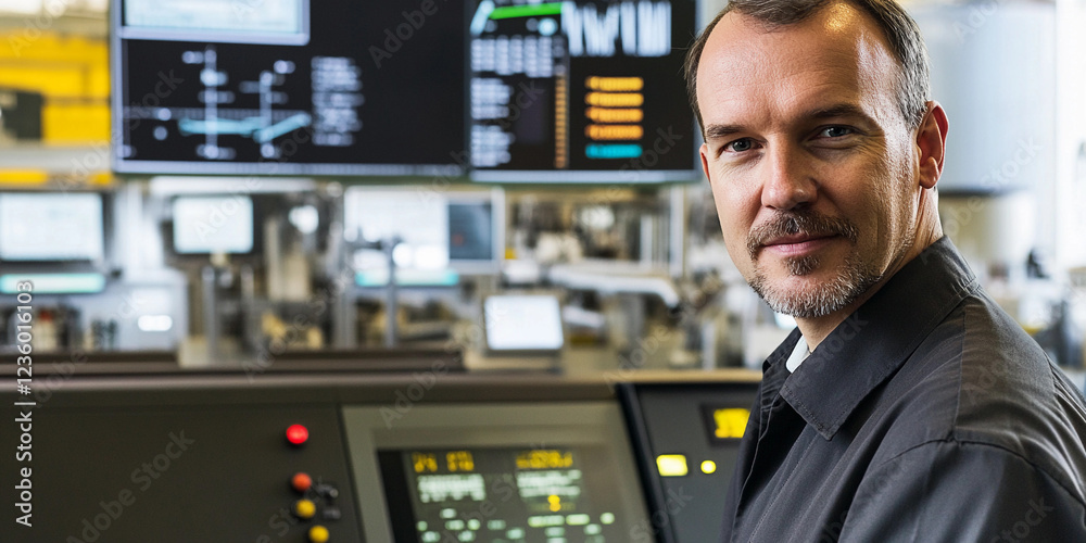 Poster Engineer working in a high-tech control room setting