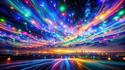 Naklejka premium A celestial panorama of shimmering lights, a vibrant symphony of color, a kaleidoscope of dreamscape and cityscape