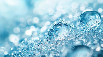 Crystal-clear ice and water droplets with a light blue background