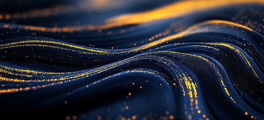 Abstract dark wavy lines with golden particles. Digital art. Background