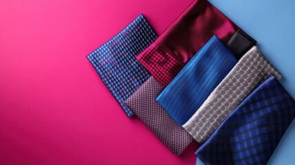 Fototapeta premium A neatly arranged tie and pocket square combination, placed on a bold-colored backdrop