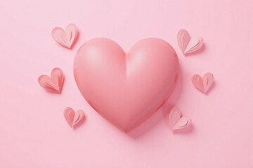 large pink heart with smaller paper hearts on pink background