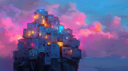 Colorful Artistic Village on a Hill Surrounded by Vibrant Clouds
