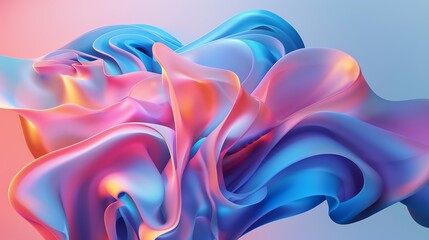 An abstract 3D render of flowing, iridescent shapes in blue, pink, and orange.