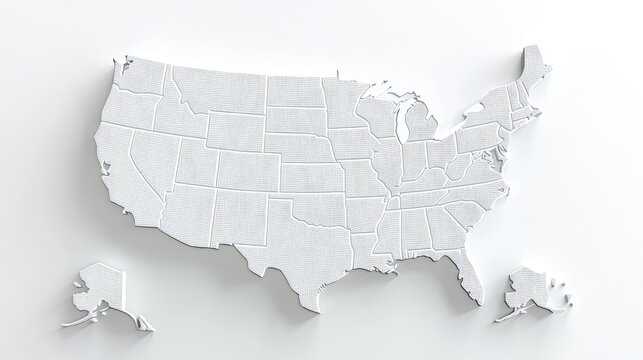 3D map of USA states, white background, geography lesson