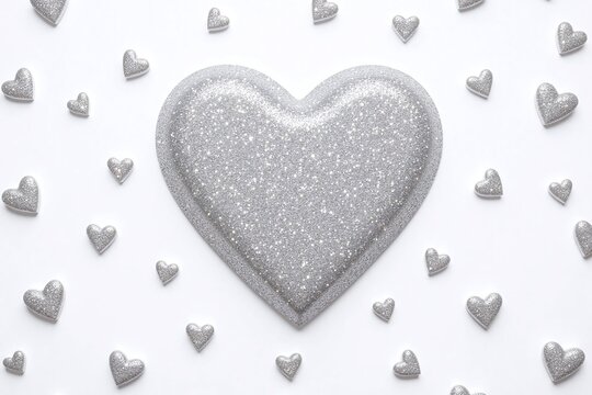 large glittery heart with small glittery hearts white background