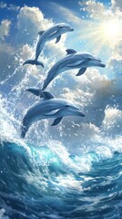 Three dolphins leaping from ocean wave under a bright sky.
