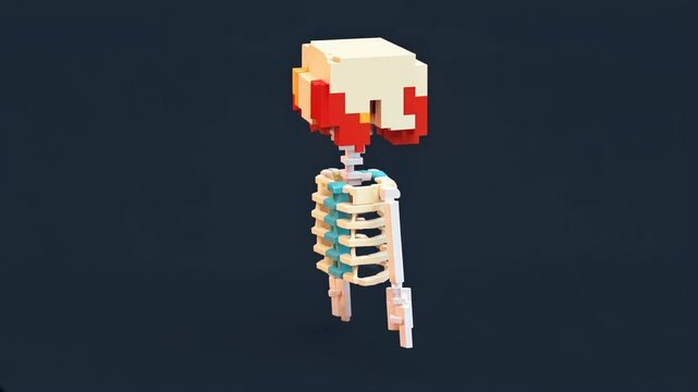 3D voxel-style skeleton character with glowing cyan eyes and ribcage details floating against dark background. Minimalist cubic design with retro gaming aesthetics.
