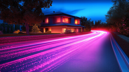 Modern smart home illuminated at night with fiber optic light trails on street, representing high-speed internet and digital connectivity concept