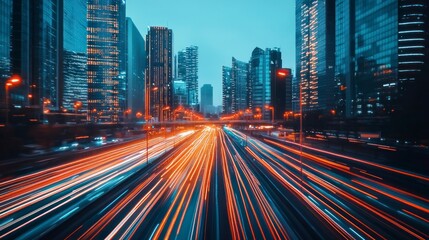Fototapeta premium Dynamic cityscape at dusk with light trails from moving cars on a busy highway
