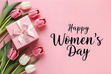 A pink background with a gift box and tulip flowers, for Happy Women's Day design, banner, wallpaper, or mother's day background