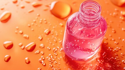 Vibrant Pink Drink Bottle on Orange Background with Water Droplets