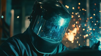 A welder in dark protective gear and a face shield, looking into the camera with the arc welder sparking in the background, Steel welding scene
