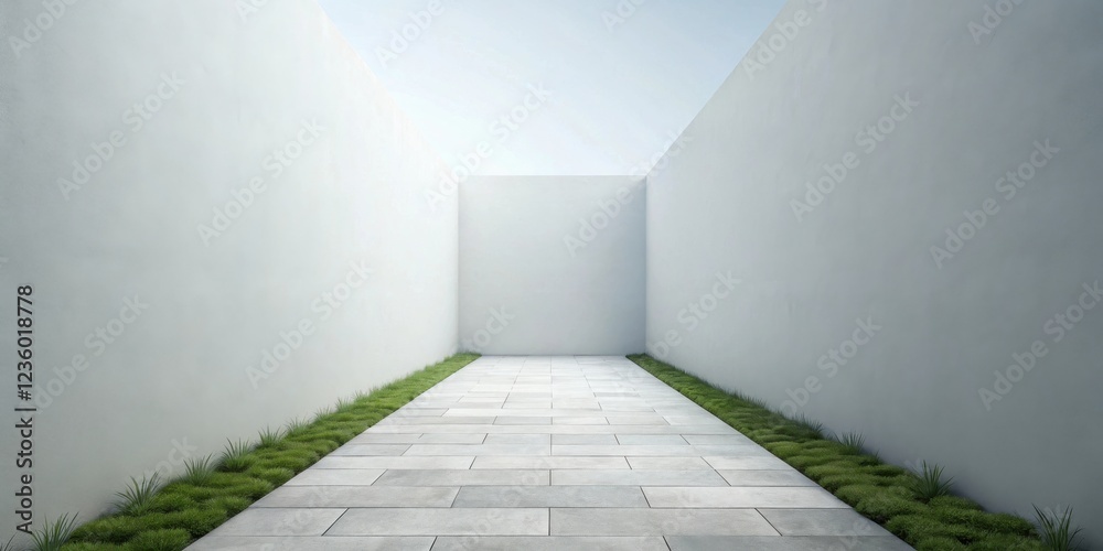 Poster a minimalist walkway bordered by grass leading towards a white wall, creating a serene and modern de