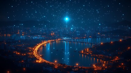 Night city data stream tower futuristic landscape