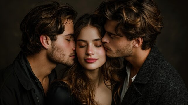 Young Woman Between Two Men in Dramatic Lighting Passion, Romance, and Intensity
