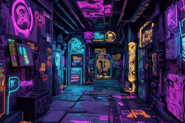 Obraz premium Vibrant cyberpunk alley bustling with activity at night in an urban setting