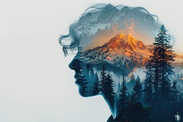 Double Exposure of Man with SnowCovered Mountain and Pine Trees in Nature Concept