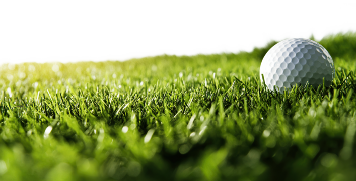Golf ball resting on green grass field, isolated on transparent cutout background