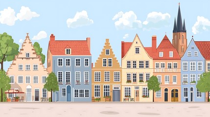 European townhouses. Colorful street scene. Illustration. Background buildings. Suitable for a travel brochure