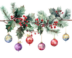 Christmas Balls on Pine Branches and Holly Leaves, Christmas Decorations, New Year Decorations