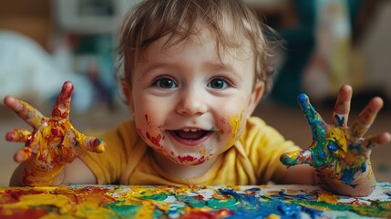 Happy toddler with colorful paint on hands and face during art play