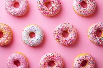 Pink donuts with sprinkles arranged on pink background.