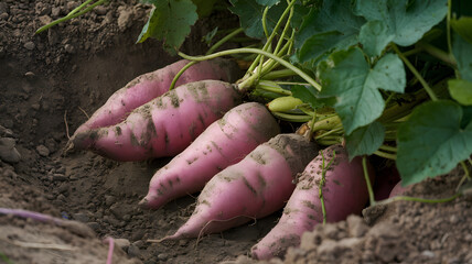 Sweet potatoes growing underground.